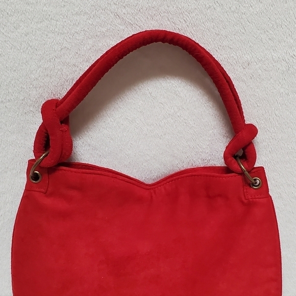 Vintage Escada Red Velvet Bronze Logo Sweetheart Knotted Strap Handbag - Picture 10 of 13